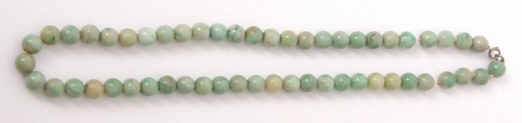 Antique jade bead necklace, a single row of uniform beads, 8mm diam, to a spring ring clasp, 23mm (