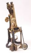 Late 19th century lacquered brass binocular microscope, C Collins - London, 157 Great Portland St,