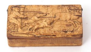 19th century snuff box of rectangular form depicting a stag hunt and with pressed detailed side,