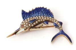 Vintage yellow metal and enamel Marlin fish brooch, the body decorated with 44 seed pearls on a