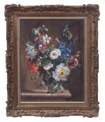 AR STUART SOMERVILLE (1908-1983) Still life study of mixed flowers in a glass vase on a marble ledge