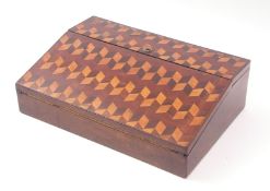 19th century rosewood writing slope with parquetry inlaid cover, interior with a gilded green