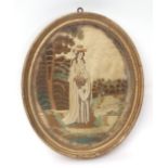 Late 18th/early 19th century silk work oval picture within a gilt and moulded frame, an oval field