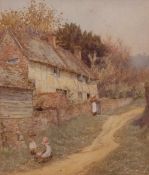 HELEN ALLINGHAM, RWS (1848-1926) Figures before a cottage watercolour, signed lower left 26 x 22cms