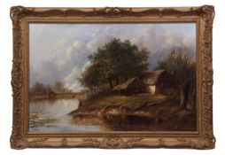 JOSEPH THORS (act 1863-1900) River scene with barns and figures oil on canvas, signed lower left