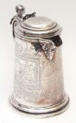 Victorian lidded jug of tapering cylindrical form with hinged cover and lyre shaped thumb piece (a/