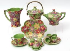 Art Deco tea set with floral design by Shorter & Sons, decorated with flowerheads on a green ground,