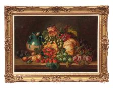 CHARLES THOMAS BALE (act 1866-1895) Still life study of mixed fruit and stoneware bottle on a