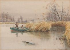 CHARLES HARMONY HARRISON (1842-1902) Anglers fishing from a rowing boat watercolour, signed and