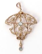 Large Edwardian open work aquamarine and seed pearl pendant, 65 x 40mm including bale, the centre