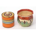 Jam jar and cover and further small bowl with geometric designs, 8cms high