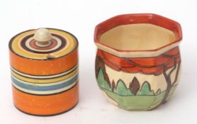 Jam jar and cover and further small bowl with geometric designs, 8cms high