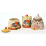 Collection of beehives and jam jars including two with Crocus pattern, the third with branches on