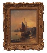 ABRAHAM HULK (1851-1922) Harbour scene with figure and boats oil on canvas, signed lower right 25