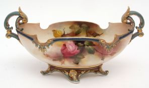 Worcester bowl by Hadley of navette shape with scroll handles and painted decoration of roses,