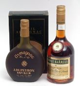 Armagnac J Dupeyron, 50cl, boxed and Three Barrels Old French Brandy VSOP, 70cl (2 bottles in all)
