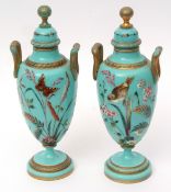 Pair of well-painted late 19th century French glass covered urns, well painted in colours with birds