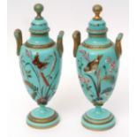 Pair of well-painted late 19th century French glass covered urns, well painted in colours with birds
