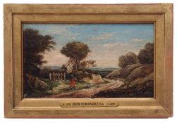 FOLLOWER OF JOHN CONSTABLE (19TH CENTURY) Landscape with figure and dog oil on canvas 12 x 20cms