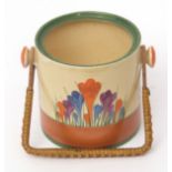 Clarice Cliff Crocus biscuit barrel with wicker handle, cover lacking, 14cms high
