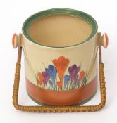 Clarice Cliff Crocus biscuit barrel with wicker handle, cover lacking, 14cms high