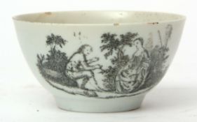 Liverpool (Chaffers) tea bowl, circa 1760, with an early Sadler print of a lady and gentleman in