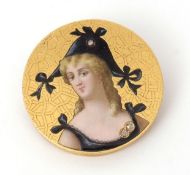 Antique enamel portrait diamond and gold brooch depicting a lady in black enamel dress and bonnet,