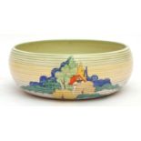 Large ribbed Clarice Cliff Brookfields pattern fruit bowl with red roof cottages, 22cms diameter