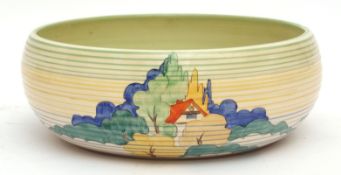 Large ribbed Clarice Cliff Brookfields pattern fruit bowl with red roof cottages, 22cms diameter