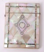 Late 19th century mother of pearl, nacre shell and silver inlaid card case of typical rectangular