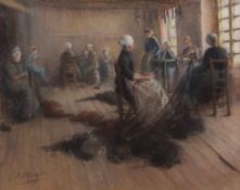 S F WRIGHT (19TH/20TH CENTURY) "Net making in Holland" pastel, signed lower left 39 x 48cms