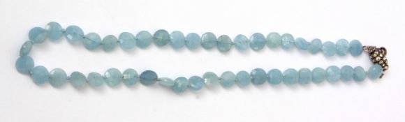 Aquamarine faceted bead necklace, a single row of circular cut compressed shaped beads, 8mm diam