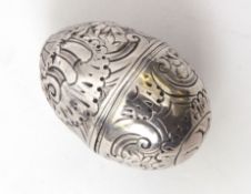 19th century threaded egg-shaped container with covers embossed with floral and foliate detail to