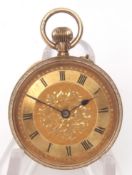 First quarter of 20th century 9ct gold cylinder fob watch, frosted, gilt and jewelled movement to an