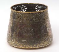 Middle Eastern brass jardiniere inlaid in silver and copper with stylised foliate and calligraphic