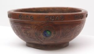 Arts & Crafts fruitwood bowl with Scottish Gaelic inscription around rim, applied below with