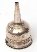 George III two-part wine funnel with removable liner with shell side clip and muslin ring to a