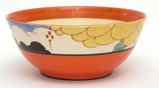 Bowl with geometric design in red, blue and yellow, 18cms