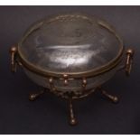 French two-handled circular silver plated mounted glass casket of compressed circular form, the