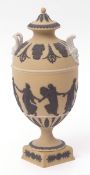 20th century Wedgwood caneware vase and cover with applied decoration in black slip of the dancing