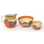 Small Clarice Cliff geometric design bowl together with a jug and bowl in the Gayday pattern, the