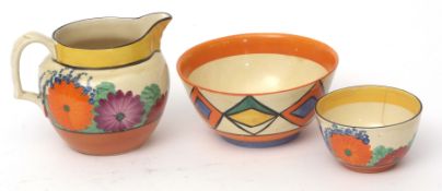 Small Clarice Cliff geometric design bowl together with a jug and bowl in the Gayday pattern, the