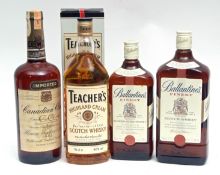 Ballantynes blended Scotch Whisky 70cl, Canadian Club whiskey 1 litre, Ballantynes Scotch Whisky 1