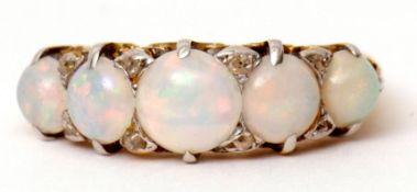 Five-stone opal and diamond ring the five circular cut graduated opals interspersed by eight diamond