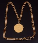 Victorian two-pound gold coin dated 1887, applied with a rope twist mount, suspended from an 18ct