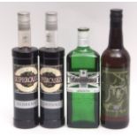 Cassis Vedrenne 500ml (2 bottles), Gordon's Gin 70cl, Society's Fino Sherry 70cl, (4)