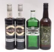 Cassis Vedrenne 500ml (2 bottles), Gordon's Gin 70cl, Society's Fino Sherry 70cl, (4)
