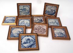 Collection of ten Liverpool and other Delft tiles all within individual wooden frames, decorated