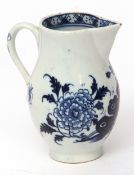 Lowestoft sparrowbeak creamer, circa 1770, of elongated form, decorated in underglaze blue with a