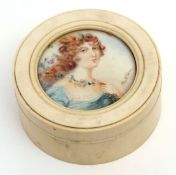 Early 20th century Continental ivory powder pot of circular form with pull off cover, the lid with
